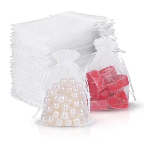 Rhimooay 100 Stück Organzasäckchen Weiß, 10x15cm Kleine Geschenk Organzabeutel, Organza Säckchen Beutel Für Hochzeit Geburtstag Geschenktüten Ostern, Süßigkeiten, Schmuckbeutel Mit Schnur von Rhimooay