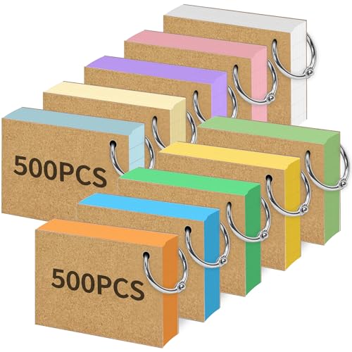 Rhimooay 500 Stück Karteikarten A8 liniert, 220g/m² Verdickte Karteikarten, Vokabelkarten Lernkarten Flashcards mit 10 Binderinge und 20 Stück Kraftpapier für Unterwegs Vokabel Lernen, 10 Farben von Rhimooay