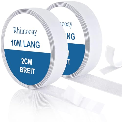 Rhimooay 10M Klettband Selbstklebend Extra Stark, 20mm Breit Klettverschluss Selbstklebend für Stoff, Klett Klebeband Fliegengitter, Doppelseitig Klebende mit Klettverschluss (Weiß) von Rhimooay