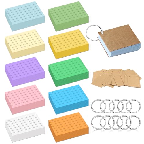 Rhimooay 500 Stück Karteikarten A8, 10 Farben Linierte Karteikarte, Vokabelkarten Lernkarten Flashcards mit 10 Binderinge und 20 Stück Kraftpapier für Unterwegs Vokabel Lernen von Rhimooay