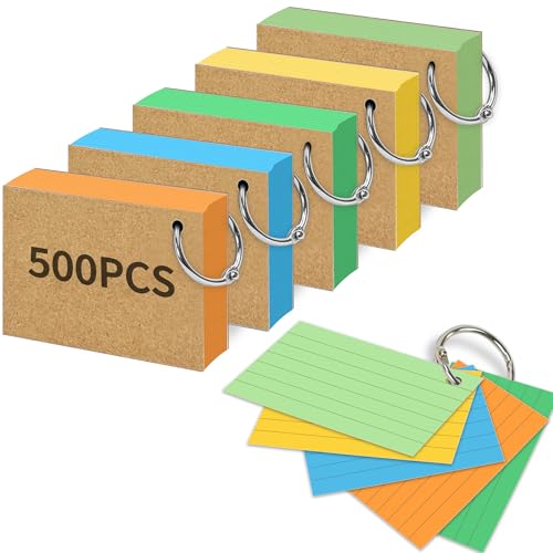 Rhimooay 500 Stück Karteikarten A8 liniert, 220g/m² Verdickte Karteikarten, Vokabelkarten Lernkarten Flashcards mit 10 Binderinge und 20 Stück Kraftpapier für Unterwegs Lernen, 5 leuchtende Farben von Rhimooay