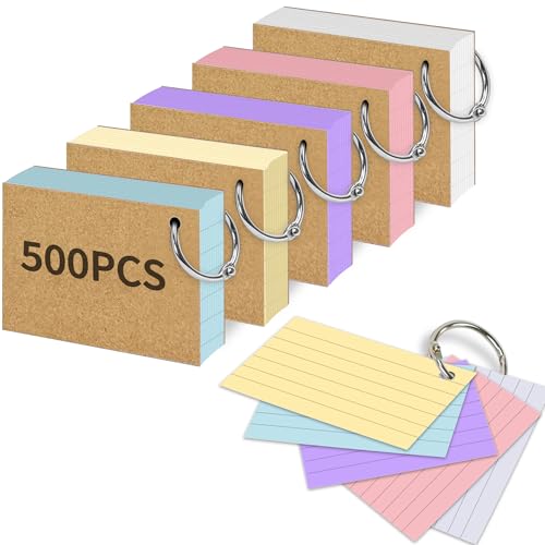 Rhimooay 500 Stück Karteikarten A8 liniert, 220g/m² Verdickte Karteikarten, Vokabelkarten Lernkarten Flashcards mit 10 Binderinge und 20 Stück Kraftpapier für Unterwegs Vokabel Lernen, 5 Farben von Rhimooay