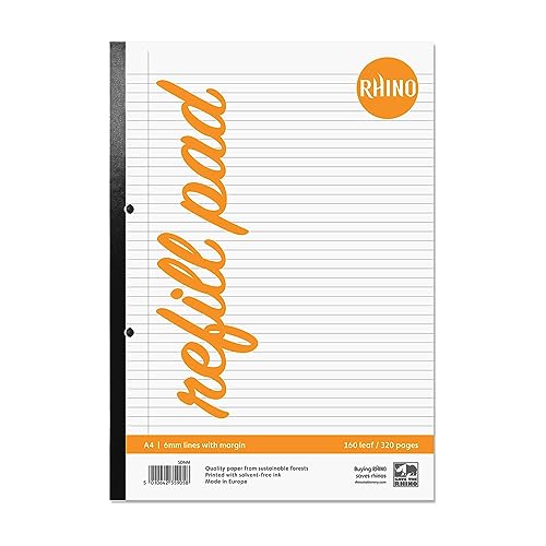 RHINO Stationery A4 Nachfüllblock, 320 Seiten, 6 mm, liniert mit Rand, Headbound Notizblock, Gelb, Schulnotizblock Premium Schreibpapier (1) von Rhino