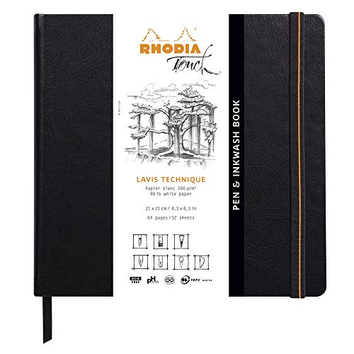 Rhodia 116127C - Zeichenheft Pen & Inkwash Book mit Hardcover, 21 x 21cm, 32 Blatt, Lavis Technik, blanko, 200g, 1 Stück, Schwarz von Rhodia