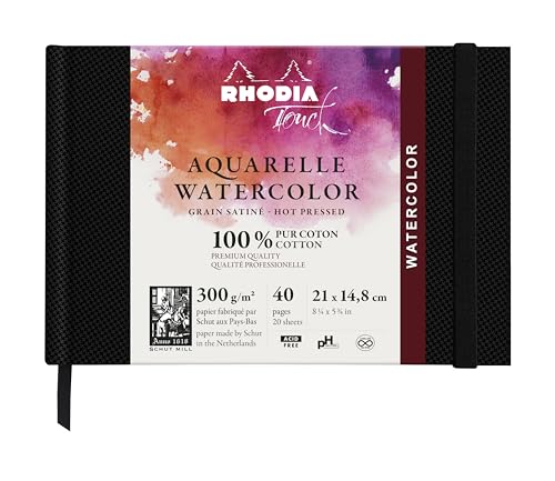 Rhodia 116155C - Rhodia Touch Zeichenbuch Watercolor Book, mit satinierter Körnung aus 100% Baumwolle 300g, 20 Blatt, A5 Querformat, ideal für Aquarell und Mischtechniken, Schwarz, 1 Stück von Rhodia