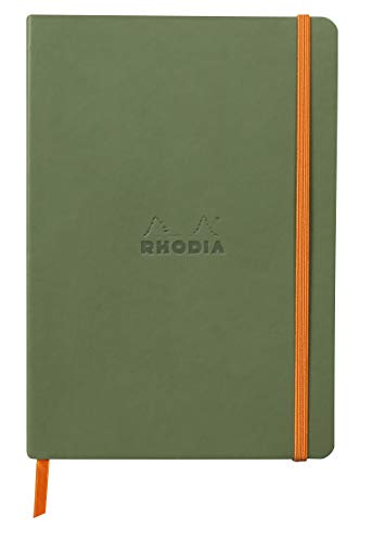 Rhodia 117374C - Notizheft Softcover Rhodiarama DIN A5 (14,8x21 cm), 80 Blatt, liniert Clairefontaine Papier Elfenbein 90g Lesezeichen, Gummizugverschluss, Cover aus Kunstleder Salbei, 1 Stück von Rhodia