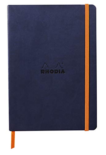 Rhodia 117378C - Notizheft Softcover Rhodiarama DIN A5 (14,8x21 cm), 80 Blatt, liniert Clairefontaine Papier Elfenbein 90g Lesezeichen, Gummizugverschluss, Cover aus Kunstleder Nachtsblau, 1 Stück von Rhodia