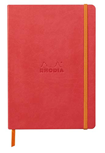 Rhodia 117380C - Notizheft Softcover Rhodiarama DIN A5 (14,8x21 cm), 80 Blatt, liniert Clairefontaine Papier Elfenbein 90g Lesezeichen, Gummizugverschluss, Cover aus Kunstleder Korallenrot, 1 Stück von Rhodia