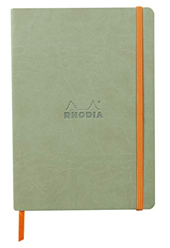 Rhodia 117441C - Notizheft Softcover Rhodiarama DIN A5 (14,8x21 cm), 80 Blatt, liniert Clairefontaine Papier Elfenbein 90g Lesezeichen, Gummizugverschluss, Cover aus Kunstleder Seladon, 1 Stück von Rhodia