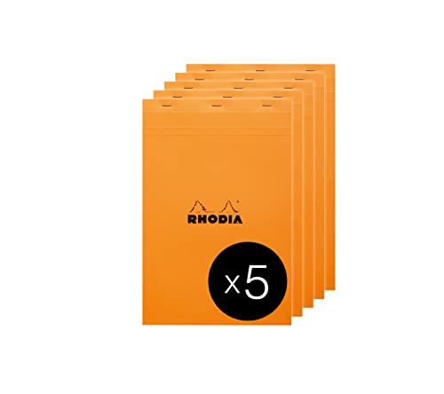 Rhodia 19000C - Packung mit 5 Notizblöcken geheftet No.19 A4+ 80 Blätter blanko 80g, Orange, 1 Pack von Rhodia