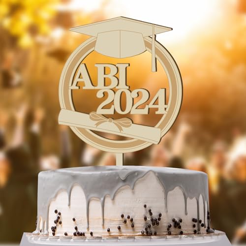 2024 ABI Tortendeko,Cake Topper Abitur 2024 aus Holz,Bestandene Prüfung Cupcake Deko Tortenstecker Abschlussfeier Graduation Party Deko Geschenke von Rhsemi