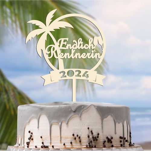 Cake Topper für Endlich Rentnerin 2024, Deko Tortenstecker Holz, Ruhestand Kuchen Dekoration Retired Theme Kuchendekoration, superfeine hochwertige Gravur von Rhsemi