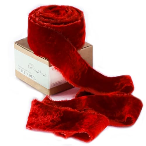 Rotes Samtband zum Verpacken von Geschenken, 3,8 cm, 2,7 m, handgefertigter Seidenstoff mit ausgefranstem Rand für Blumenstrauß, Weihnachtsbaumschmuck, Haarschleife, Hochzeit von RiCooYv