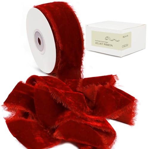 Rotes Samtband zum Verpacken von Geschenken, 3,8 cm, 4,5 m, handgefertigter Seidenstoff mit ausgefranstem Rand für Blumenstrauß, Weihnachtsbaumschmuck, Haarschleife, Hochzeit von RiCooYv