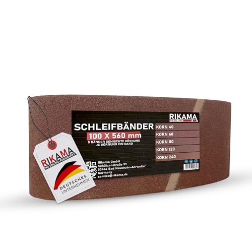 RIKAMA® - 15 Schleifbänder 100x560 mm im Mix | 3 Bänder je Körnung 40, 60, 80, 120 und 240 | Gewebeschleifbänder für Bandschleifer | Für Hobby, Haus und Handwerk (15, 100x560mm) von RiKaMa ONLINEVERSAND AUS EINER HAND