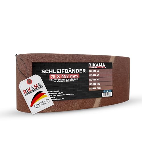 RIKAMA® - 25 Schleifbänder 75x457 mm im Mix | 5 Bänder je Körnung 40, 60, 80, 120 und 240 | Gewebe Schleifbänder für Bandschleifer | Für Hobby- und Profi Werkstätten (25, 75x457 mm) von RiKaMa ONLINEVERSAND AUS EINER HAND