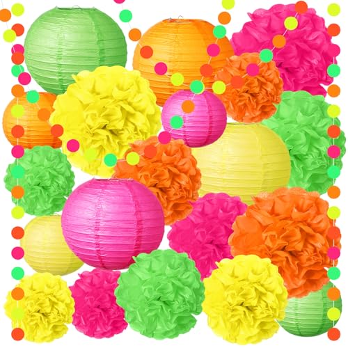 Riakrum 22 Stück Neon-Themenparty-Dekorationen enthalten 8 bunte Papierlaternen, 12 Seidenpapier-Pompons, 2 Neon-Luftschlangen, Girlanden für im Dunkeln leuchtende Dekoration, Neon-Partyzubehör von Riakrum