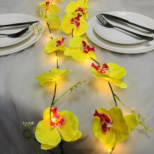 Künstliche Orchideengirlande mit 20 LEDs Lichterkette Batteriebetrieben 2 m Schmetterlingsorchideenranke Künstliche Blumengirlande Lichterkette für Schlafzimmer,Tischdekoration (Gelb Orchidee) von Riaxuebiy