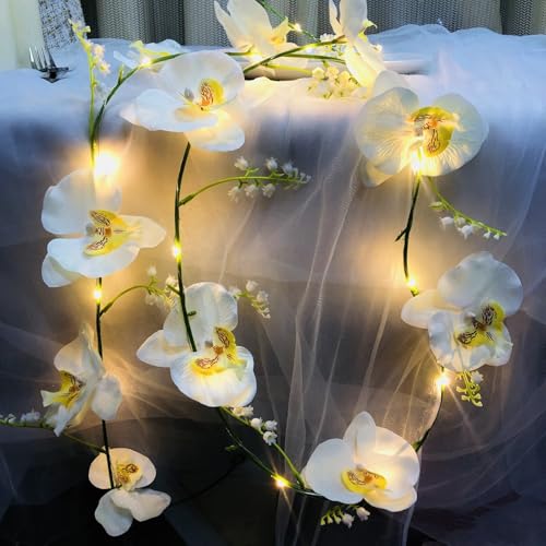 Künstliche Orchideengirlande mit 20 LEDs Lichterkette Batteriebetrieben 2 m Schmetterlingsorchideenranke Künstliche Blumengirlande Lichterkette für Schlafzimmer,Tischdekoration (Weiß Orchidee) von Riaxuebiy