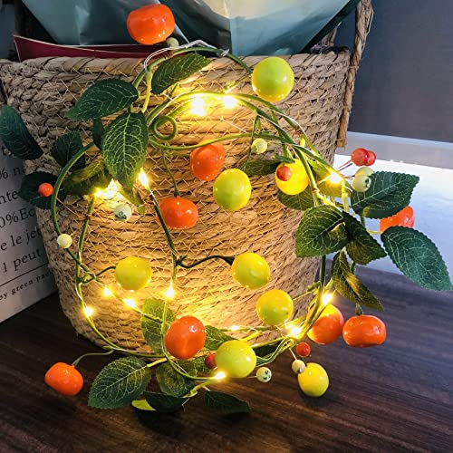 Riaxuebiy 2M 20 LED Mandarine Zitrone Fee Lichterketten Grüne Blätter Beeren Hängepflanze Weinrebe Girlande für Hausgarten Hochzeit Party Dekoration (4 Stück) von Riaxuebiy