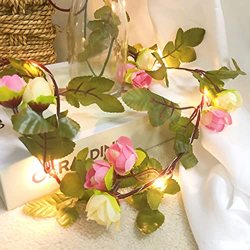 Riaxuebiy Künstliche Rose Blumen Lichterketten 20 LED Blumen Reben Girlande Fee Lampe Kranz Batterie/USB Angetrieben für Weihnachten Hochzeitsfeier Dekoration (Batterie, Rosa) von Riaxuebiy