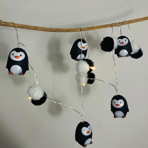 Riaxuebiy Niedlich Pinguin Lichterketten Pompons Girlande Nachtlicht Batteriebetriebenes für Indoor Halloween Weihnachten Thanksgiving Kinder Schlafzimmer Dekoration (3m/20led) von Riaxuebiy