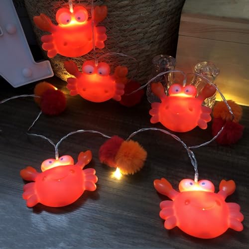 Riaxuebiy Niedlich Pompons LED Vinyl Tier Krabbe Lichterketten Girlande Batteriebetrieben Krabbe Nachtlichter für Halloween Home Party Kinder Schlafzimmer Dekoration (Rote Krabbe) von Riaxuebiy