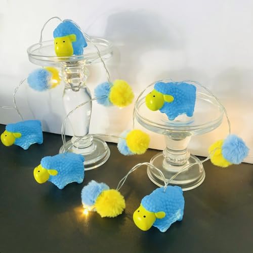 Riaxuebiy Niedliche Schaf Lichterketten Pompons Lamm Form Nachtlicht Batteriebetriebenes für Halloween Thanksgiving Bauernhaus Party Kinder Schlafzimmer Dekoration (Blau Schafe+Pompons) von Riaxuebiy