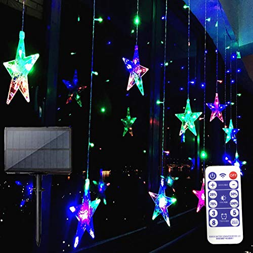 Riaxuebiy Solar Stern Vorhanglichter 3,5M 120 LED-Bunt Gestirn Lichterketten mit Fernbedienung 8 Modi Fenstervorhang-Lichterketten für Weihnachts Dekorationen im Innenbereich (Bunt-Star) von Riaxuebiy