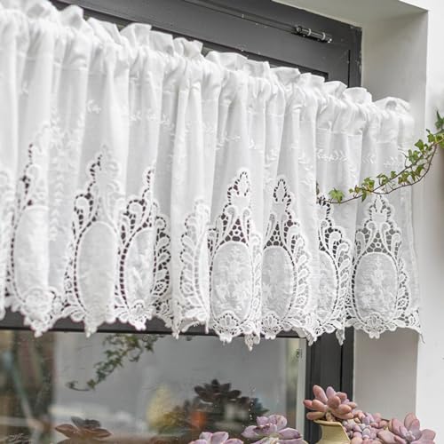 Ricemru Barock Gardine Scheibengardine Bistro Landhaus Shabby Weiß Halbtransparent Höhlen Stickerei Blumenmuster Kurzgardinen Kurzstores Gardinen Kleine Vorhänge Fenster Küche Schlafzimmer von Ricemru