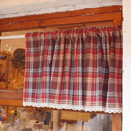 Ricemru Bistrogardine Blickdicht 50cm Hoch Rot Kariert Scheibengardinen Gardinen Landhaus Kurzgardinen Kurzvorhang Küchenvorhang Kleinfenster Küche Café Bistro,140x50 von Ricemru