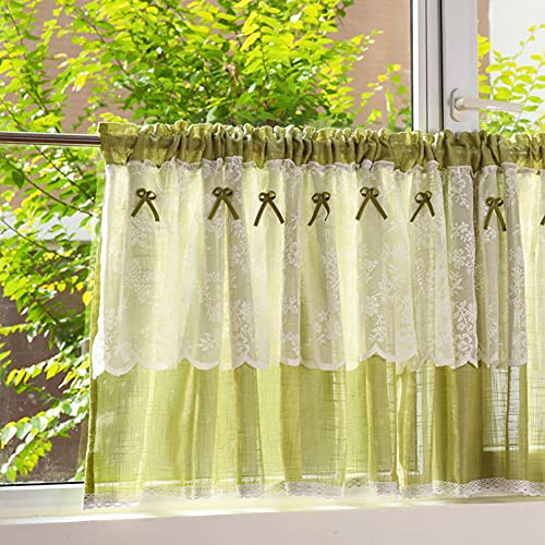 Ricemru Grün Gardinen Küche Scheibengardinen Vintage Leinen Halbtransparent Bistrogardine Landhausstil Spitze Kurzgardine 1er Pack,140x80 von Ricemru