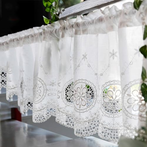 Ricemru Landhaus Scheibengardine Bistrogardine Kurz Weiß Halbtransparent Mandala Blumen Muster Kurzgardine Kurzvorhang Kurzstores Gardinen Baumwolle Französischer Shabby Chic Küche 150x40 von Ricemru