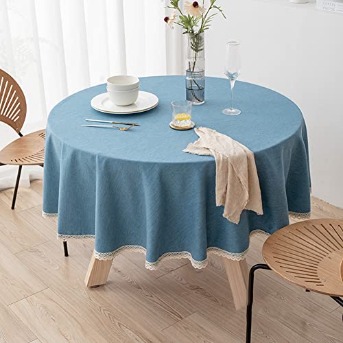 Ricemru Runde Tischdecke 160cm Leinenoptik Blau mit Häkelkante Tischdecken Einfarbig Landhausstil Abwaschbar Tischwäsch Gartentischdecke Küche Esszimmer Hochzeit Party von Ricemru