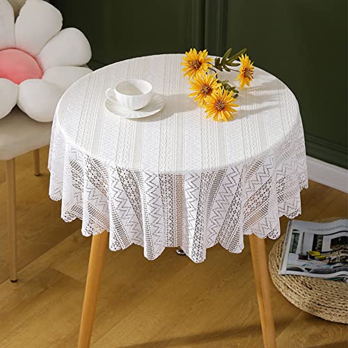 Ricemru Runde Tischdecke Boho 120 Rund Spitze Vintage Landhausstil Weiß Spitzentischdecke Welle Blumen Stickerei Tischtuch Tafeltuch für Hochzeit, Party von Ricemru