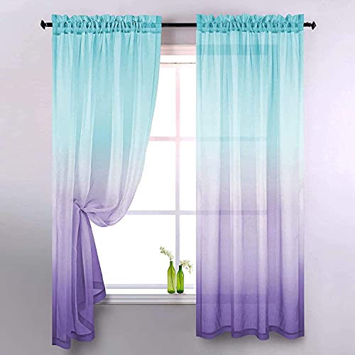 Ricemru Vorhange Farbverlauf Mint Grün Lila 2er Pack Gardinen Halbtransparent Bunt Kinderzimmer Mädchen Junge Voile Fensterschals für Wohnzimmer Schlafzimmer,106x213 von Ricemru