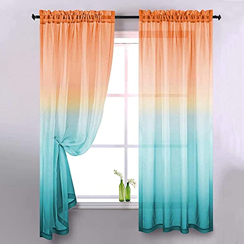 Ricemru Vorhange Farbverlauf Orange Türkis 2er Pack Gardinen Halbtransparent Bunt Kinderzimmer Mädchen Junge Voile Fensterschals für Wohnzimmer Schlafzimmer,106x213 von Ricemru