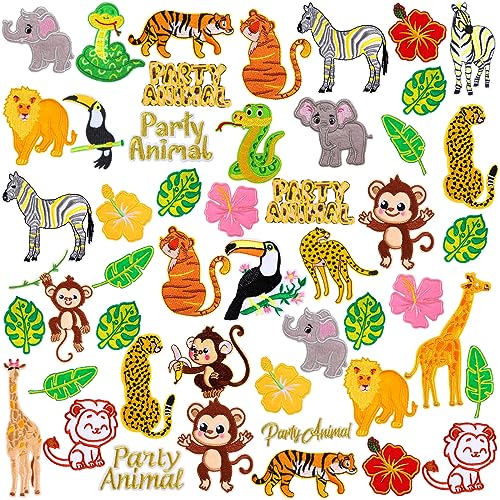 Riceshoot 48 Stück bestickte Flicken mit Tieren, gemischte Tiere, zum Aufbügeln, Löwe, Giraffe, Tiger, Snack, Elefant, Affe, Blatt, Tier-Verzierungen, Aufnäher, Applikationen für DIY-Schuhe, Kleidung, von Riceshoot