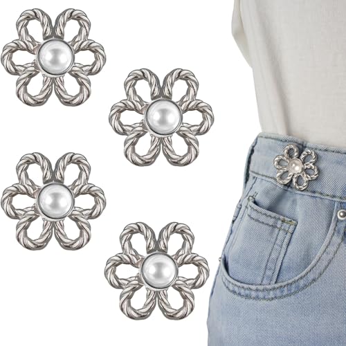 Richluck 4 Paare perfekte Passknöpfe, weiße Blütenjeans Taille Strahlung, verstellbare und dekorative Taillenklammern Clips von RichLuck