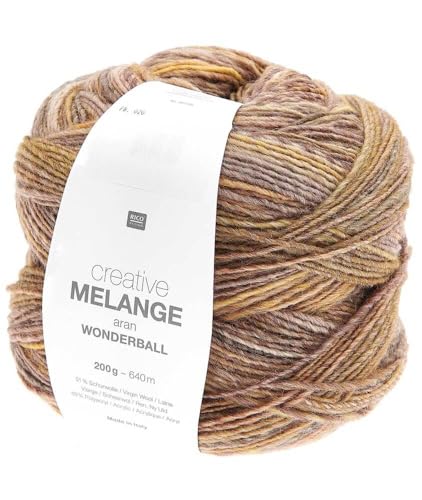 Rico Design Creative Melange Aran Wonderball oliv Mix Farbe 20, Farbverlaufswolle Nadelstärke 5 mm zum Stricken oder Häkeln, Wolle 200g Knäuel von Rico Design