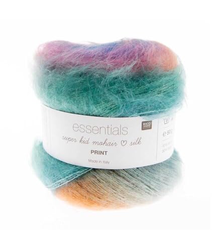 Rico Essentials Super Kid Mohair loves Silk Print, Fb. 4 Wind, Regenbogen Lacegarn aus Super Kid Mohair & Seide zum Stricken und Häkeln, Lacewolle Nadelstärke 4,5 mm von Rico Design