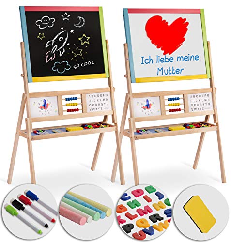 Ricokids Spiel-Tafel für Kinder magnetisches Whiteboard Uhr Abakus und Kreidetafel Maltafel Kindertafel Staffelei aus Holz von Ricokids