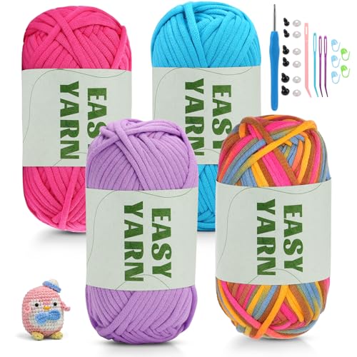 4 Stück Easy Yarn für Anfänger, Wolle zum Häkeln Dickes Garn, Häkelgarn Anfänger Leicht Zuerkennende Stiche Kein Geteiltes Garn, Klobiges Baumwollgarn Garn zum Häkeln mit Häkelzubehör (4 X 50 g) von Riddur