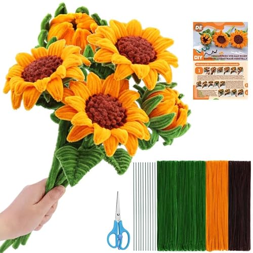 430 Stück Pfeifenreiniger zum Basteln, Sonnenblumen Blumenstrauß Pfeifenreiniger Set, Pfeifenreiniger Blumen Set, Anleitung, Schere, 10 Stück Blumendraht pfeifenputzer zum Handwer Dekorationen von Riddur