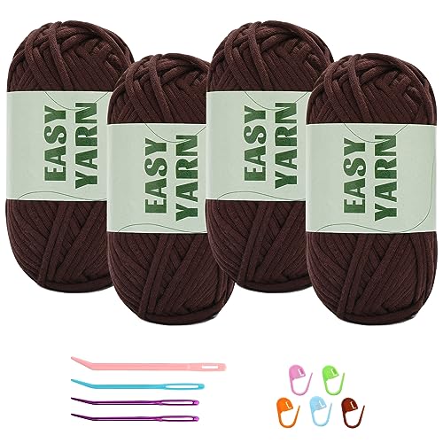 4 Stück Dunkelbraunes Garn, Häkel- und Strickgarn für Anfänger, gut Sichtbare Maschen, Grobes, Dickes Baumwoll-Nylon-Mischgarn, Garn Zum Häkeln mit Häkelzubehör (4 X 50 g) von Riddur