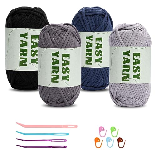 Häkelgarn für Anfänger, 4x50g Kein Geteiltes Garn, Klobiges Baumwollgarn Einfaches Strickgarn zum Häkeln Stricken Dickes Sperriges Baumwollgarn(Dunkelblau + Hellgrau + Dunkelgrau + Schwarz) von Riddur