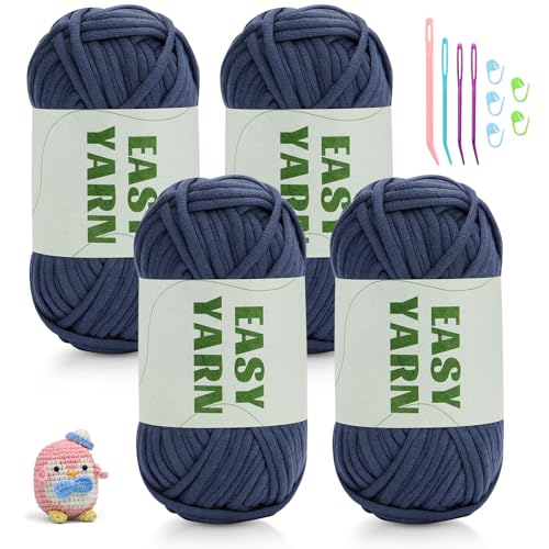 4 Stück Cowboyblau Garn, Häkel- und Strickgarn für Anfänger, gut Sichtbare Maschen, Grobes, Dickes Baumwoll-Nylon-Mischgarn, Garn Zum Häkeln mit Häkelzubehör (4 X 50 g) von Riddur