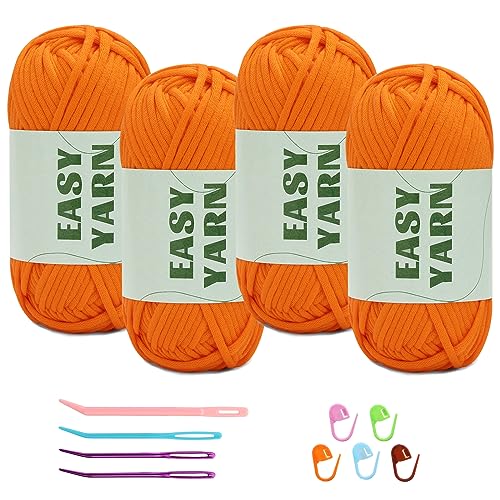 4 Stück Orangefarbenes Garn, Häkel- und Strickgarn für Anfänger, gut Sichtbare Maschen, Grobes, Dickes Baumwoll-Nylon-Mischgarn, Garn Zum Häkeln mit Häkelzubehör (4 X 50 g) von Riddur