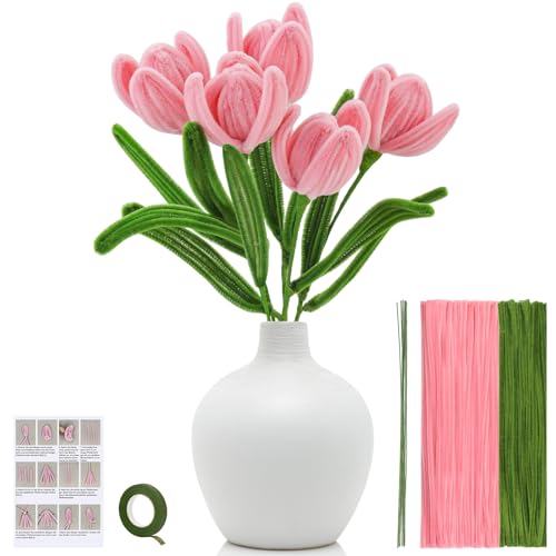 Pfeifenreiniger Blume Kit, Pfeifenputzer zum Basteln Pfeifenreiniger Blumen Set Anleitung Grüner Florist Draht Blumenband für Pfeifenreiniger Blumenstrauß Handwerk Dekoration(5 Blumen) von Riddur