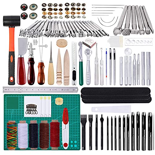 Riddur 148 Stücke Leder Werkzeug Set, Leder Handwerk und DIY Werkzeuge, Groover, Bunte Wachsfaden, Leder Stempel Werkzeuge und Andere Werkzeuge für Leder Machen Nähen von Riddur